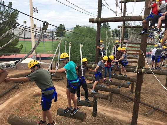 Group of colleagues completing a high ropes course
