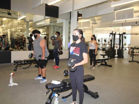 Patrons socially distanced while using free weights, cleaning spray close by