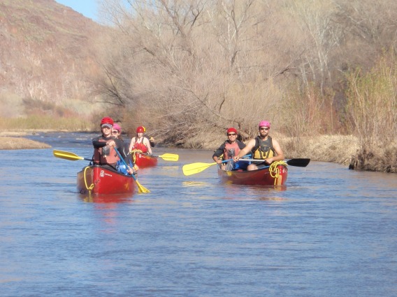 Group of canoes riding along river