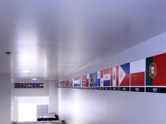 Flags display in hallway at Campus Rec