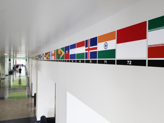 Flags display in hallway at Campus Rec