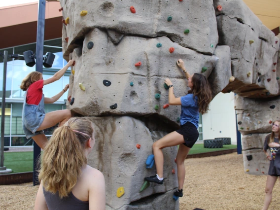 Climbers hang from bouldering wall while others watch