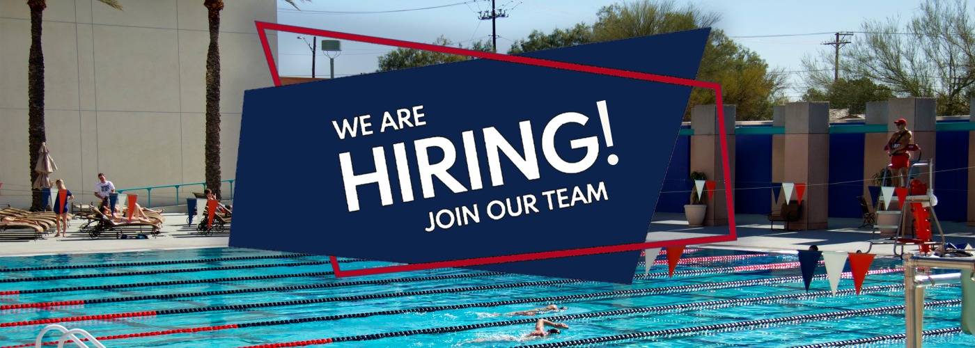 Image of swimming pool with text "We are hiring! Join our team"