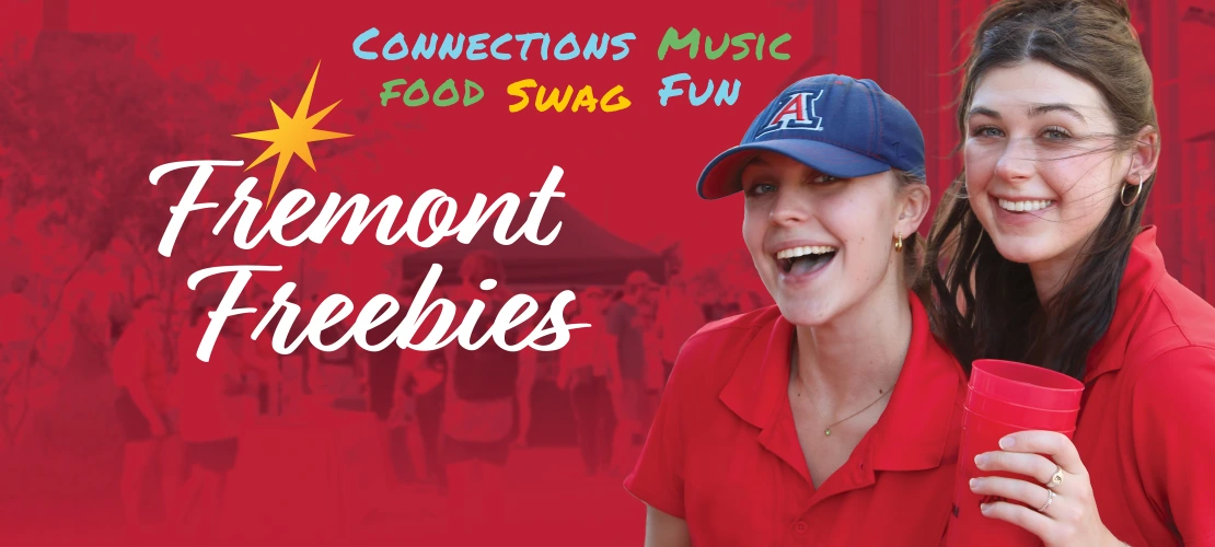 Fremont Freebies logo with two female college students smiling over a red background