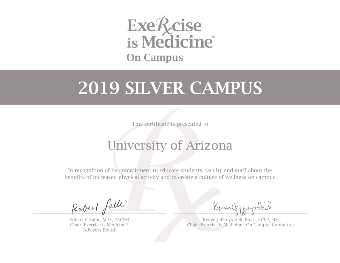 Exercise is Medicine on Campus 2019 Silver Campus award certificate