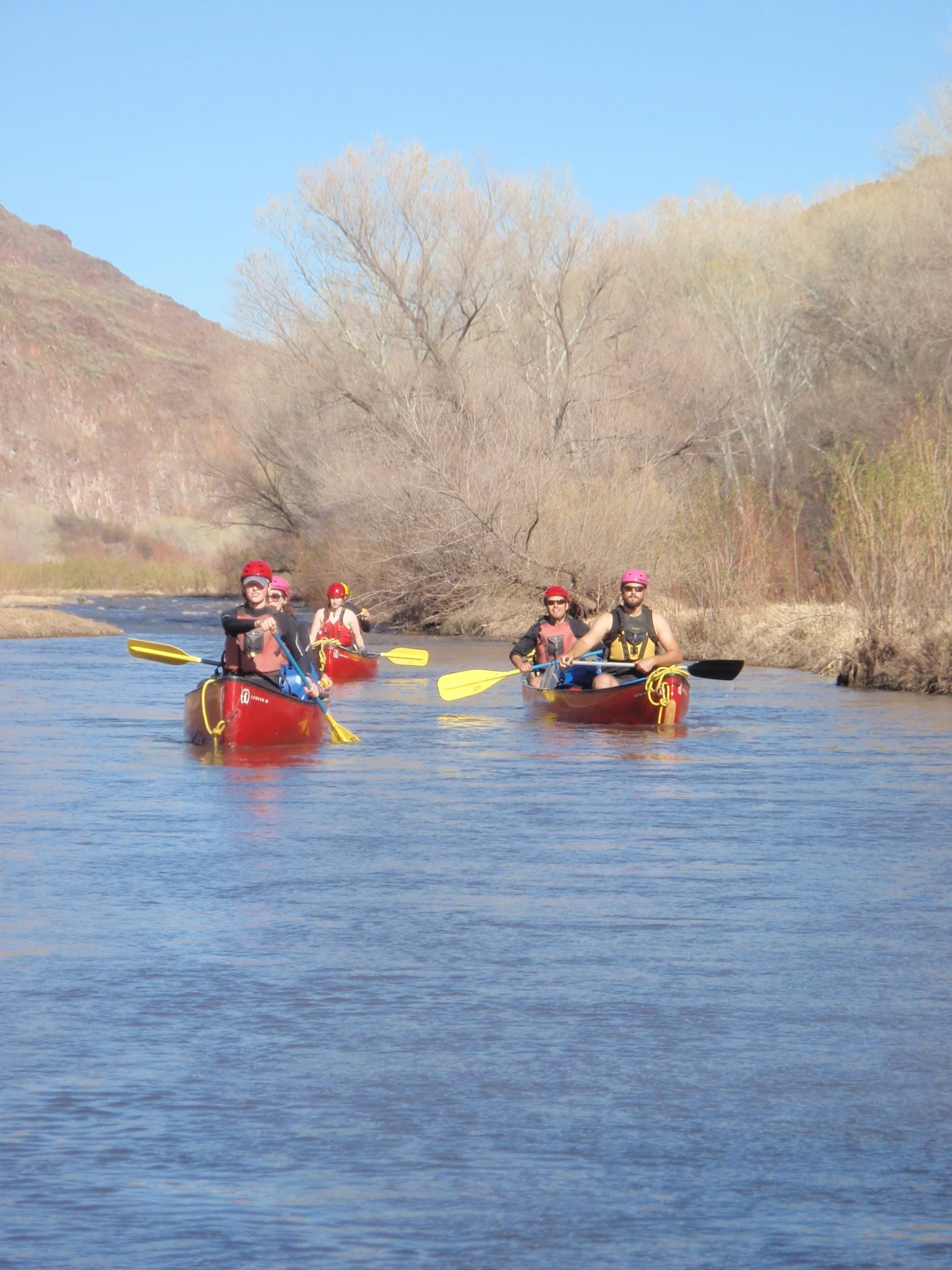 Group of canoes riding along river