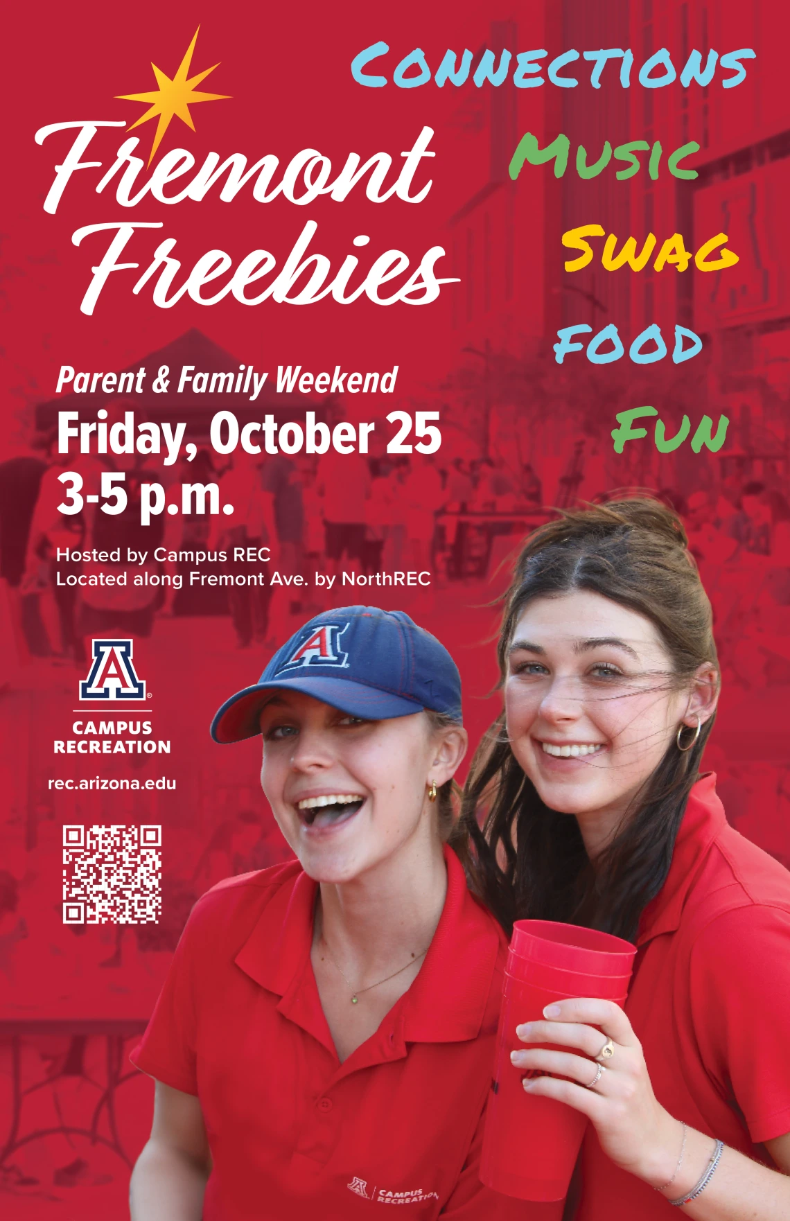 Fremont Freebies Poster featuring Campus Recreation Employees as well as text saying "connections, music, swag, food, and fun"