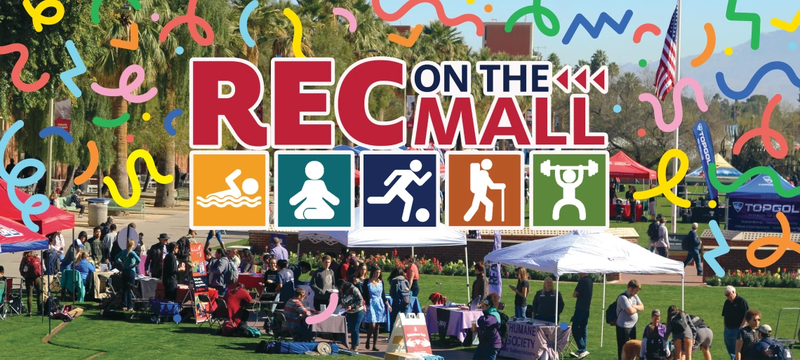 REC on the Mall logo and photo of students visiting vendor tents outdoors.