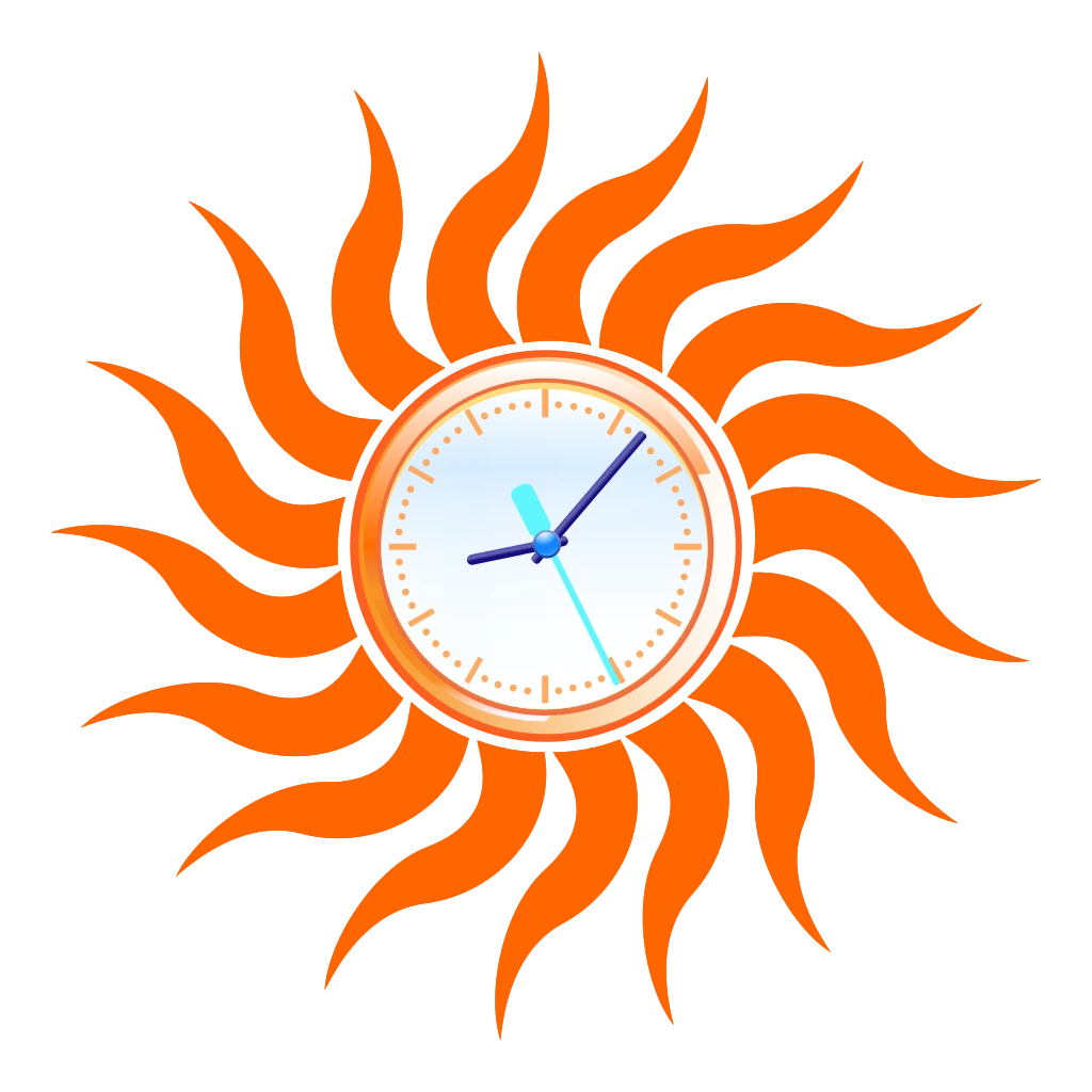 Graphic of a sun with a clock in the center