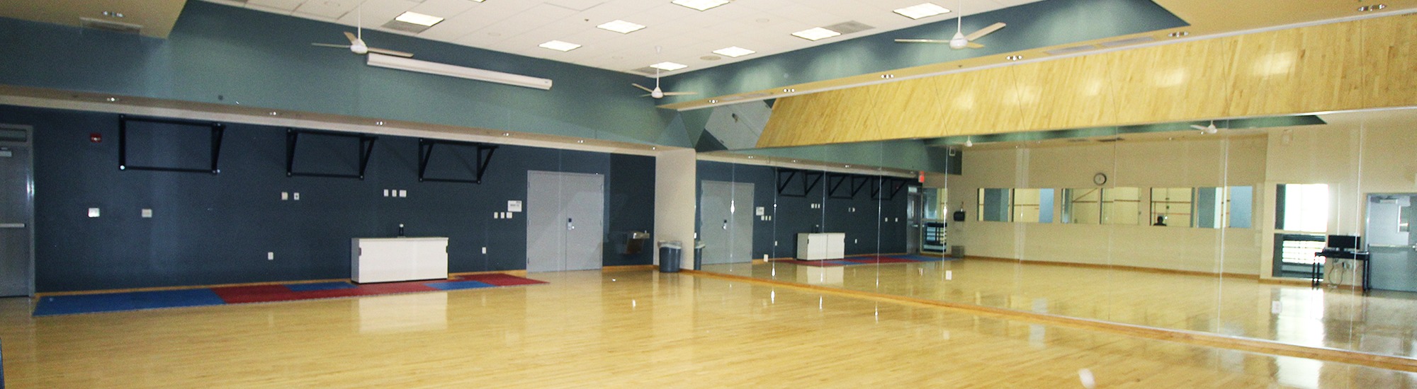 Multipurpose studio with wood floors and mirrors covering the walls