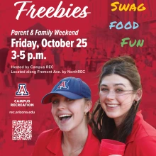 Fremont Freebies Poster featuring Campus Recreation Employees as well as text saying "connections, music, swag, food, and fun"